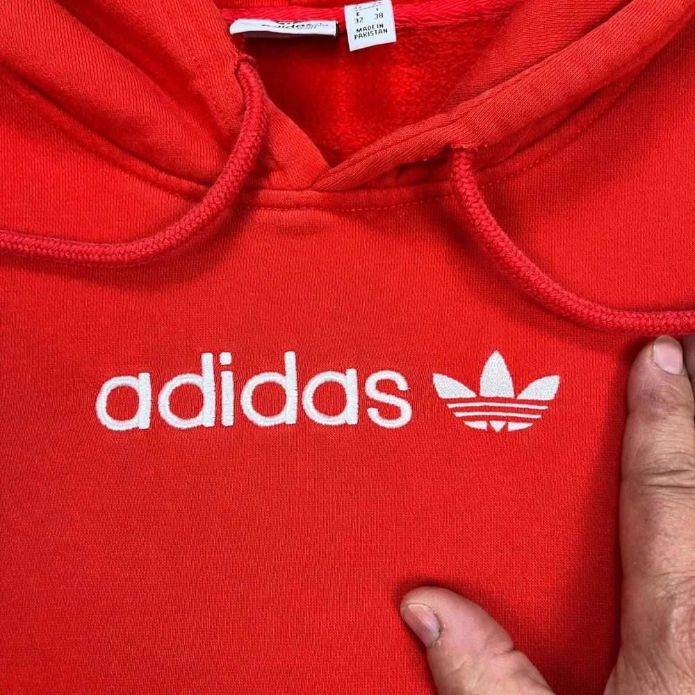Adidas Hoodie Mens XS Red Long Sleeve‎ Drawstring Pullover 3-Stripes Fleece EUC